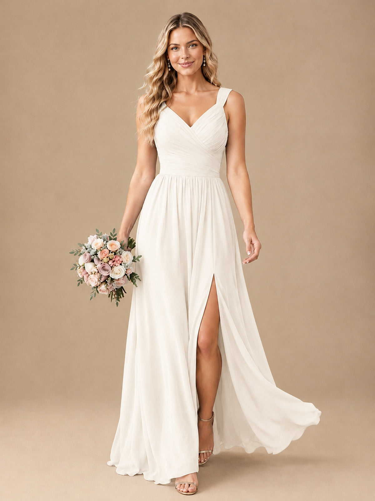 Pleated Chiffon V Neck Wedding Bridesmaid Dresses Floor Length with Slit
