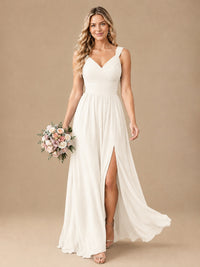 Pleated Chiffon V Neck Wedding Bridesmaid Dresses Floor Length with Slit
