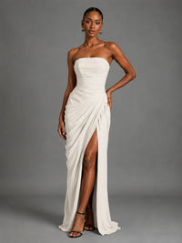 Strapless Bodycon Pleated Chiffon Formal Dress with Slit