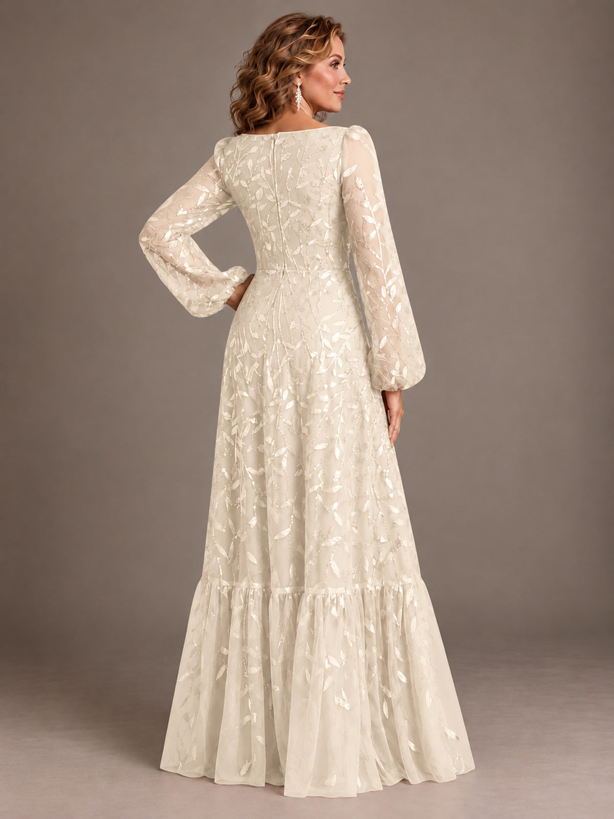Floral Sequin Embroidered A-Line Mother of the Bride Dress with Long Sleeves