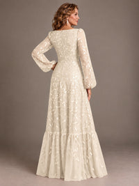 Floral Sequin Embroidered A-Line Mother of the Bride Dress with Long Sleeves