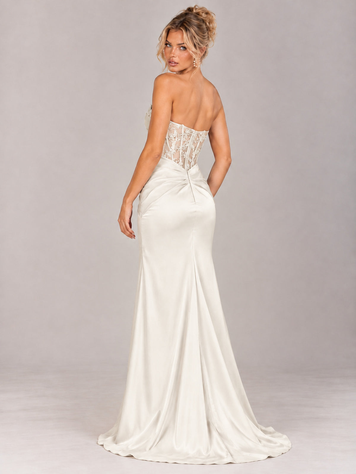 Strapless Satin Prom Dress with Sheer Lace Corset & High Slit