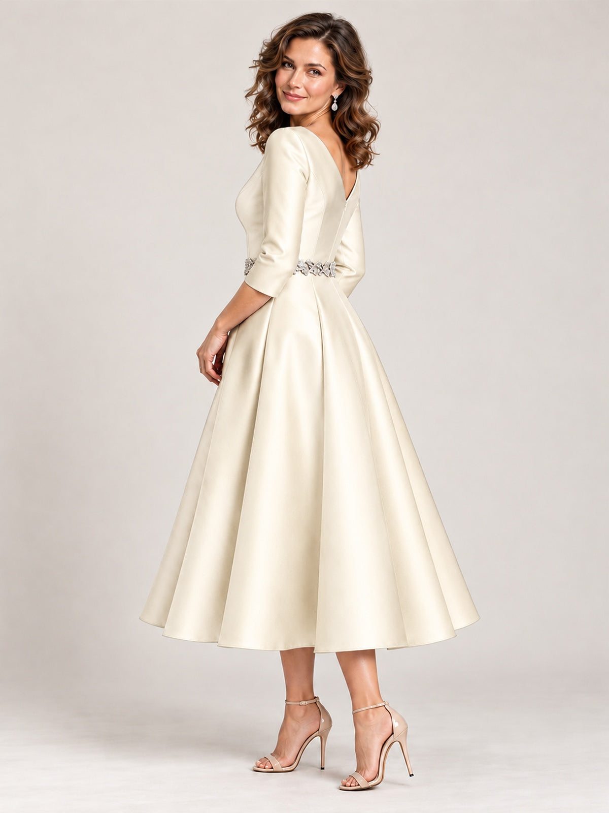 V-Neck Tea-Length Mother of the Bride Dress with Embellished Waist