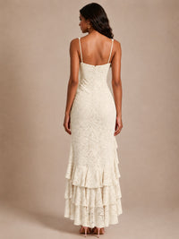 Square-Neck Lace Ruffle High-Low Maxi Dress