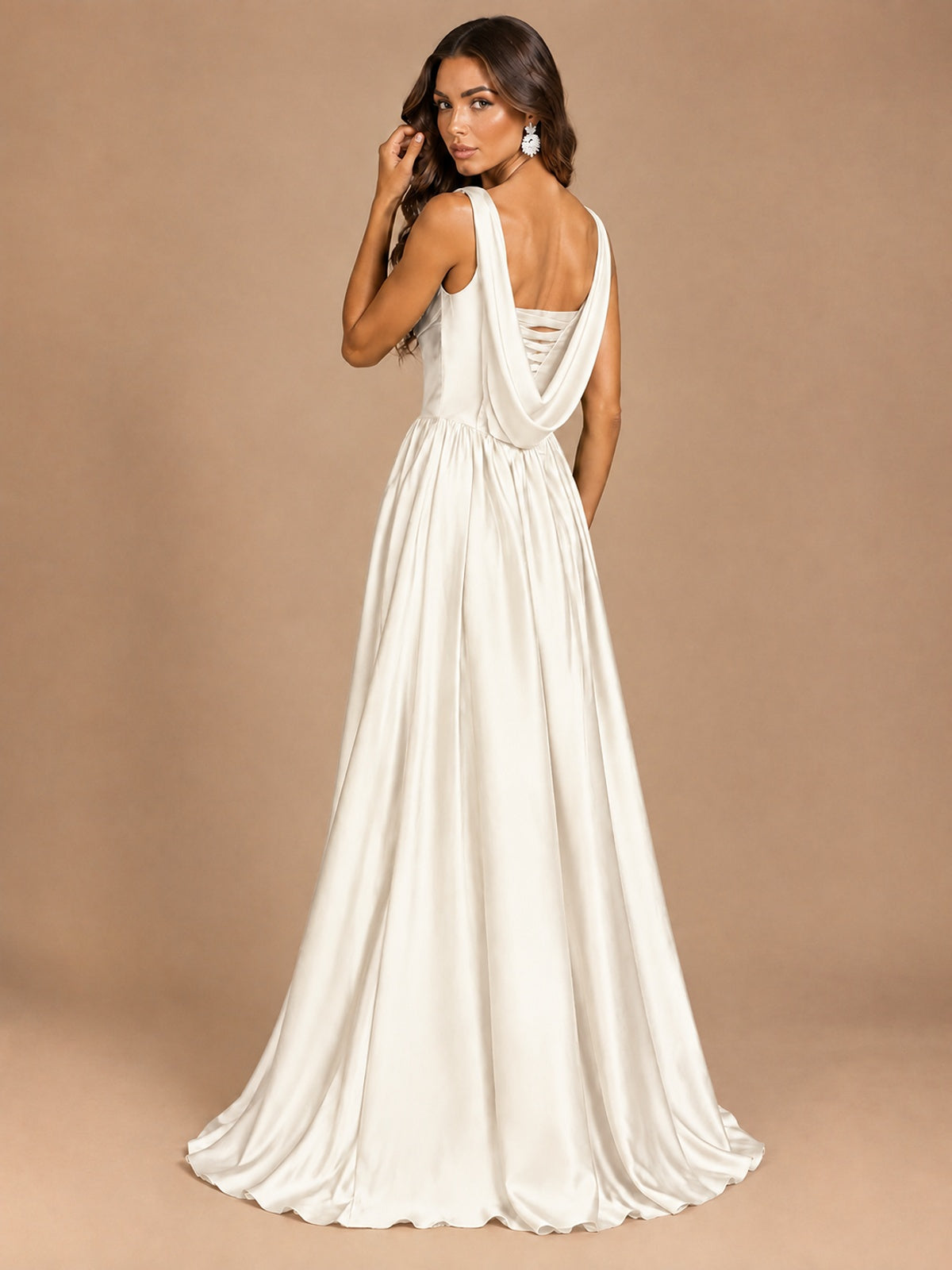 Cowl Neck Pleated Satin Prom Dress with Pockets & Slit Maxi Formal Gowns