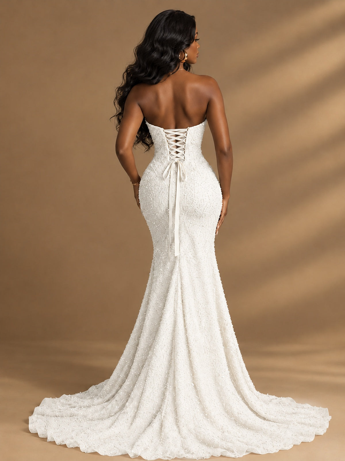 Beaded Sequin Prom Dress Strapless Formal Gowns with High Slit Train
