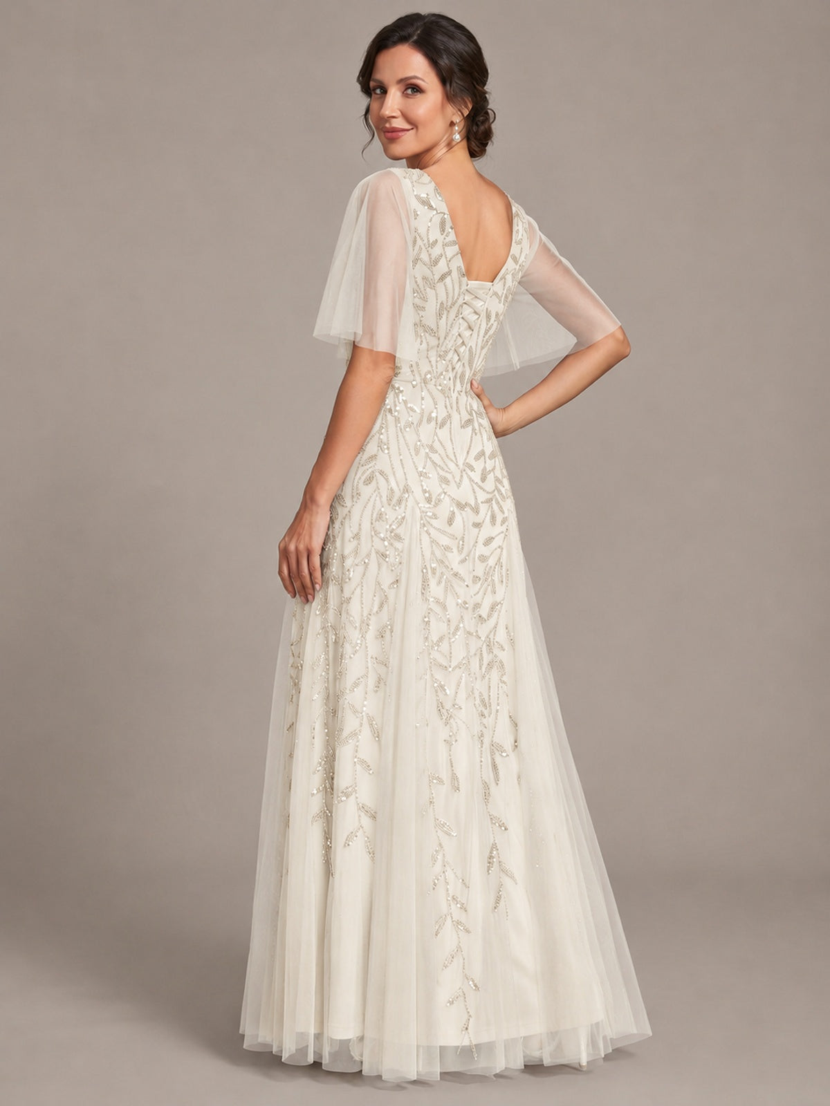 V-Neck Sequin Tulle Mother of the Bride Dress with Flutter Sleeve