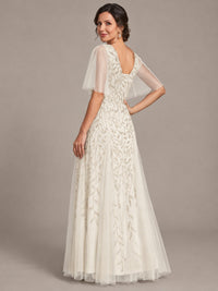 V-Neck Sequin Tulle Mother of the Bride Dress with Flutter Sleeve