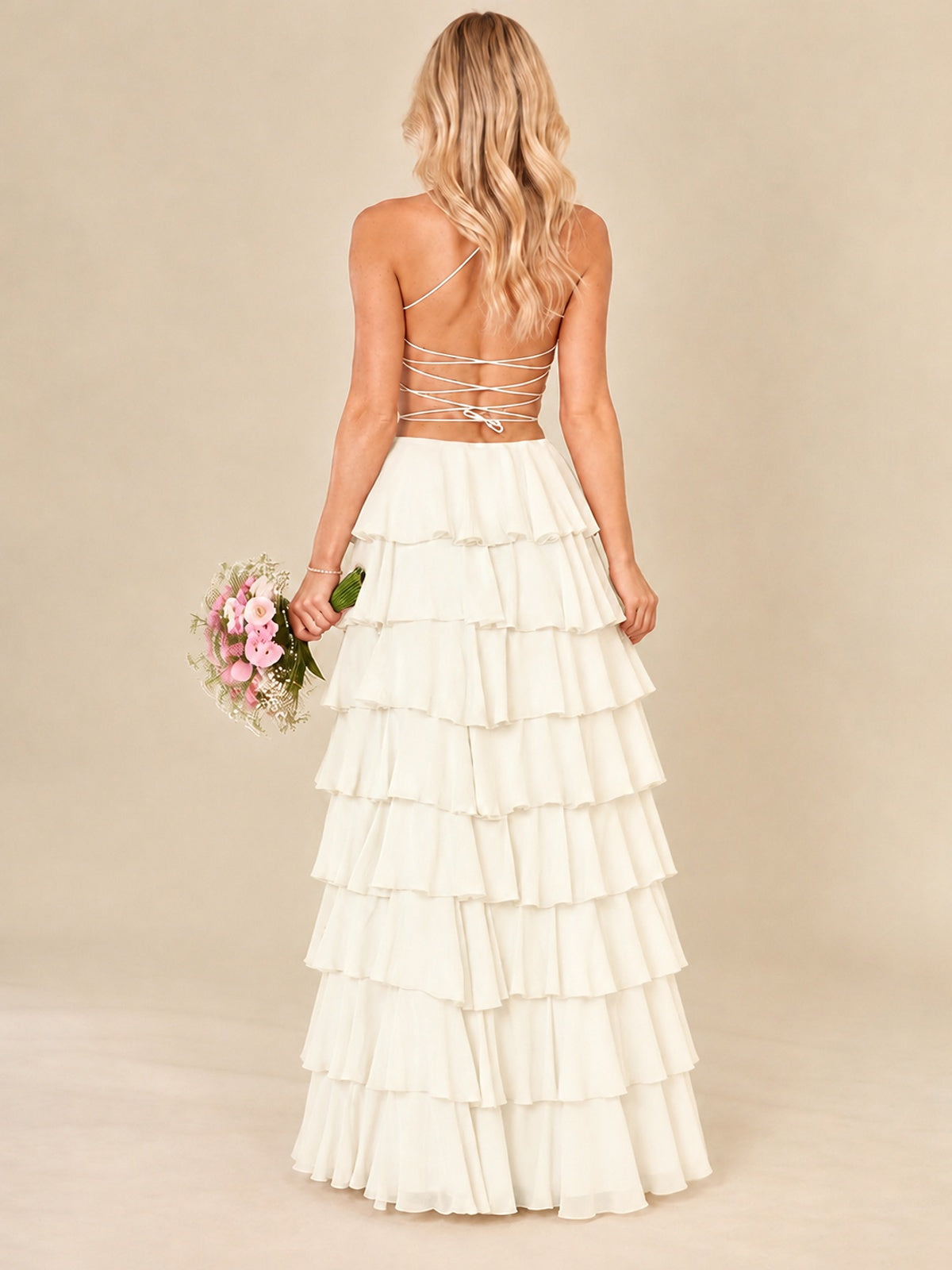 Ruffled Tiered Chiffon Prom Dress Spaghetti Straps Formal Maxi Dress with Slit
