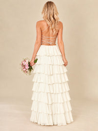 Ruffled Tiered Chiffon Prom Dress Spaghetti Straps Formal Maxi Dress with Slit