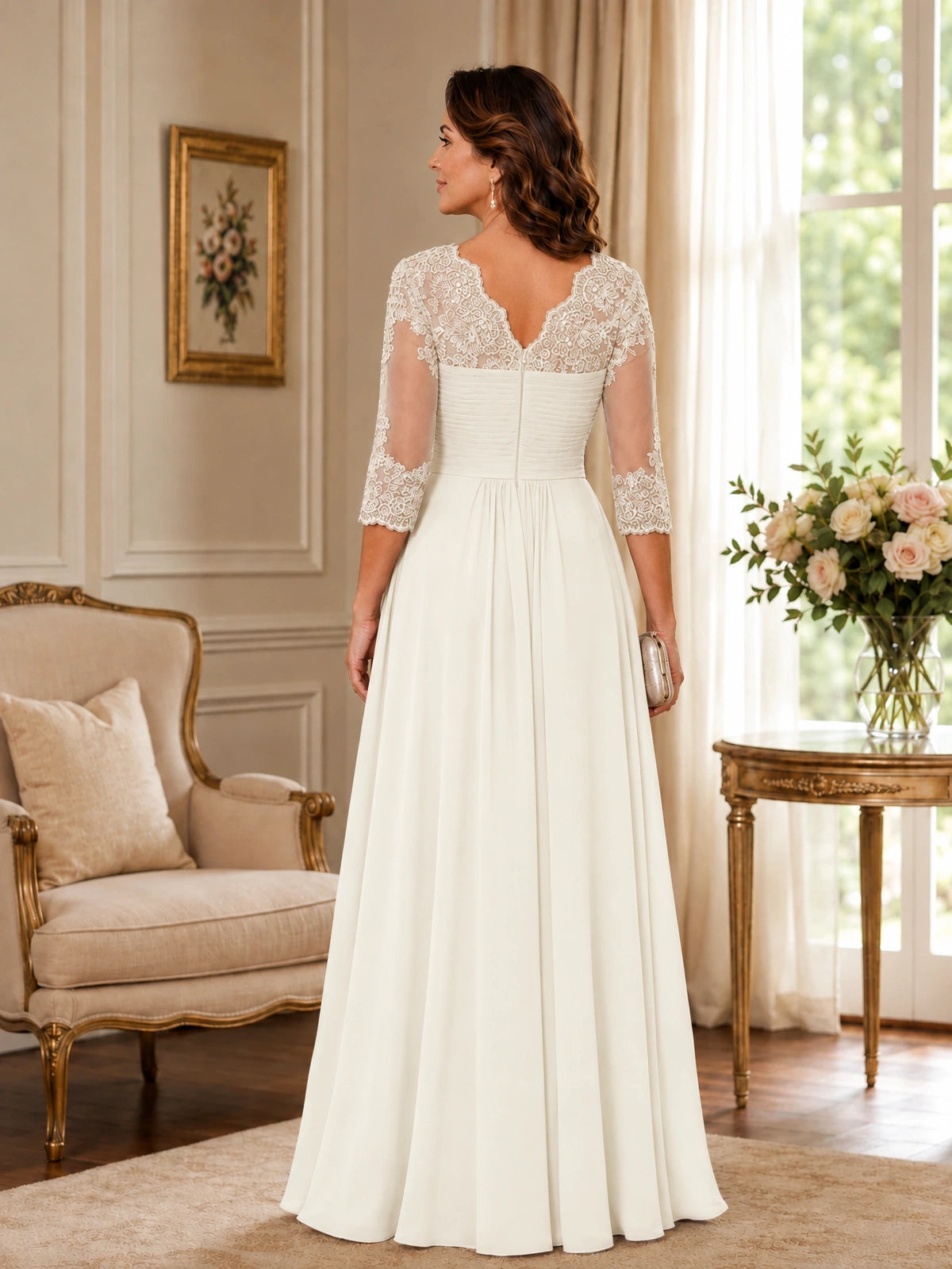 Chiffon Lace Applique Mother of the Bride Dress with 3/4 Sleeves