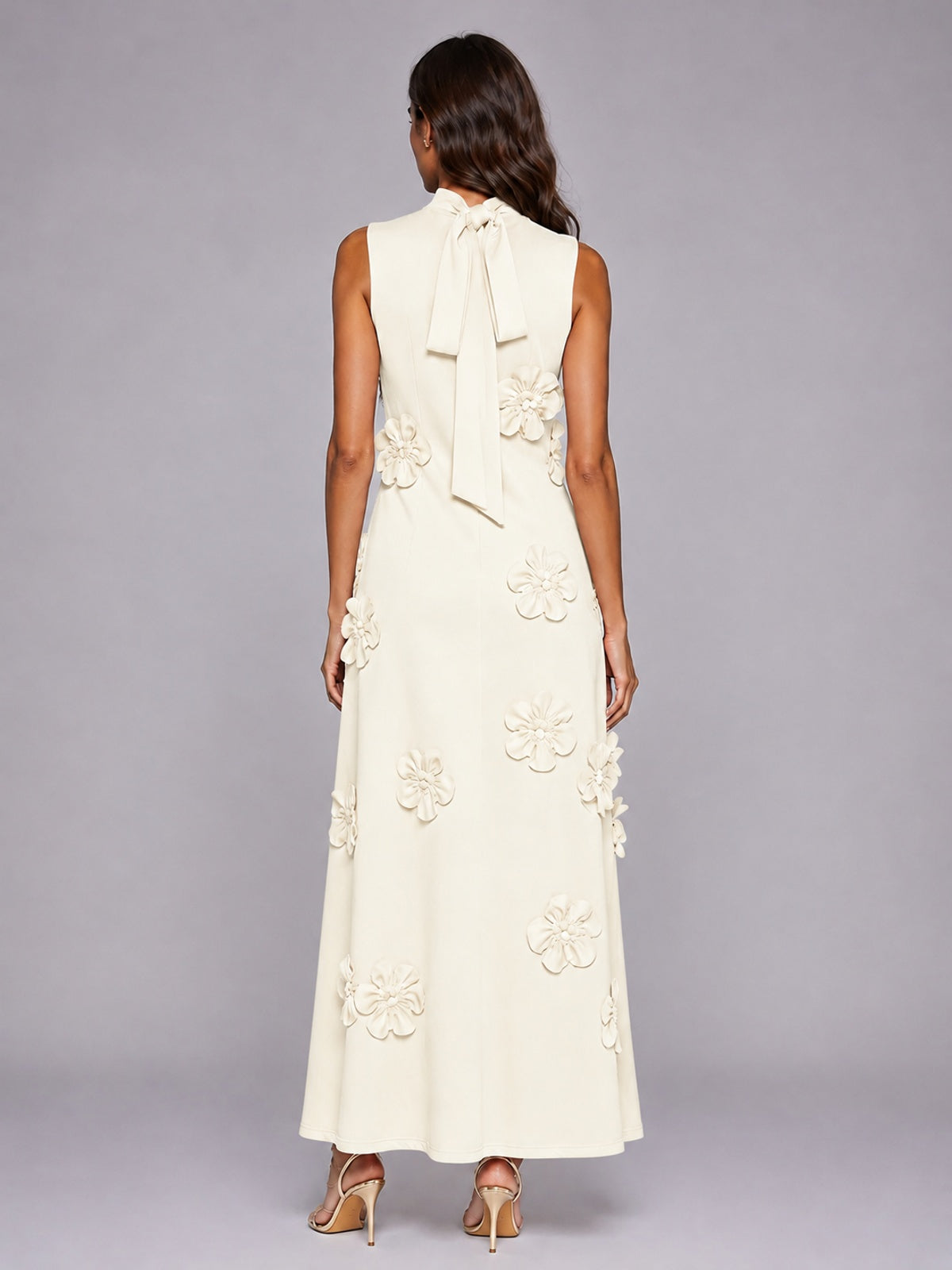 3D Floral Applique High Neck Prom Maxi Dress