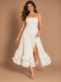 Navy Blue Strapless Pleated A-Line Midi Dress with 3D Floral Applique