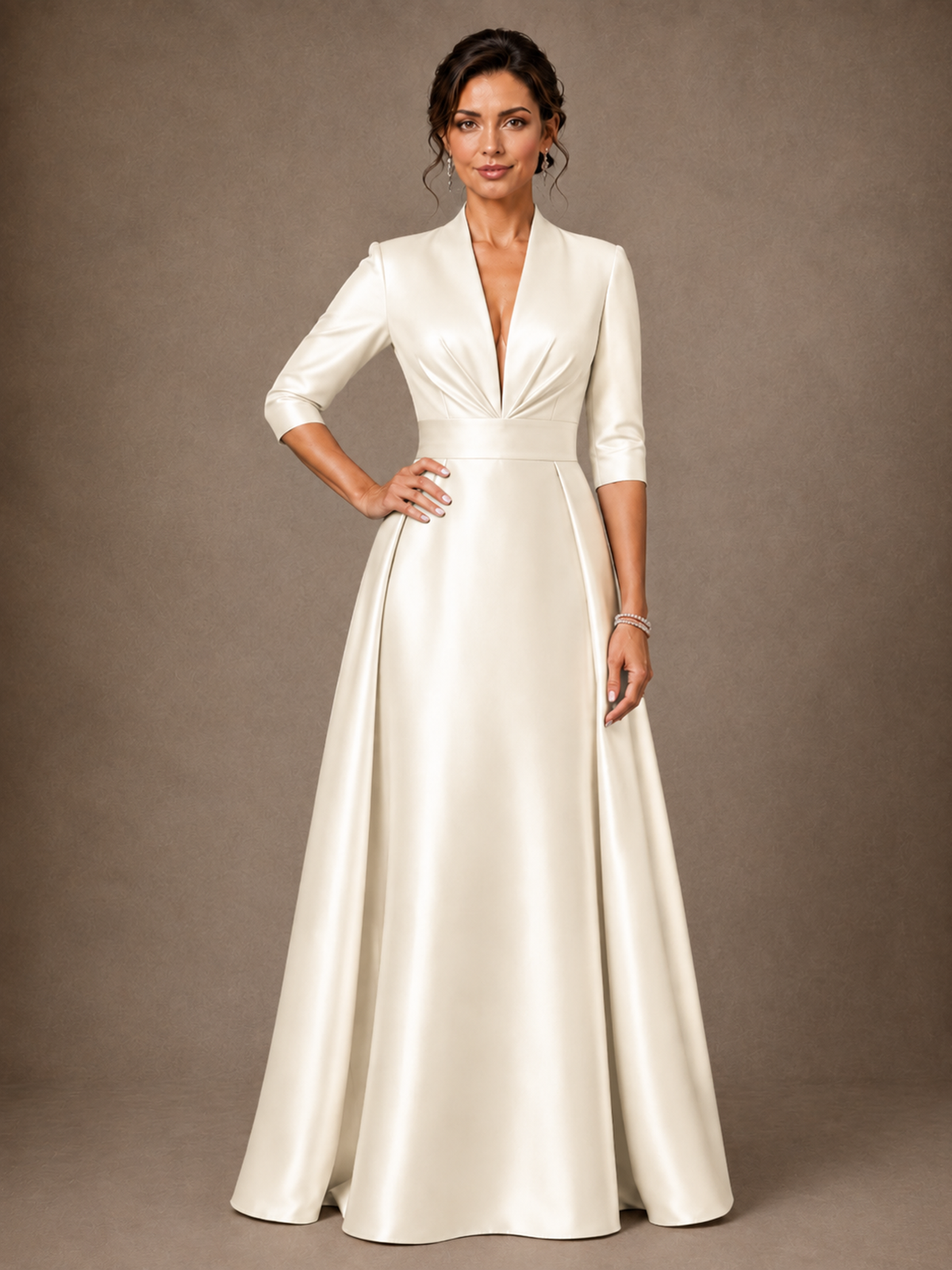 V-Neck Pleated Satin Mother of the Bride Gown with 3/4 Sleeves