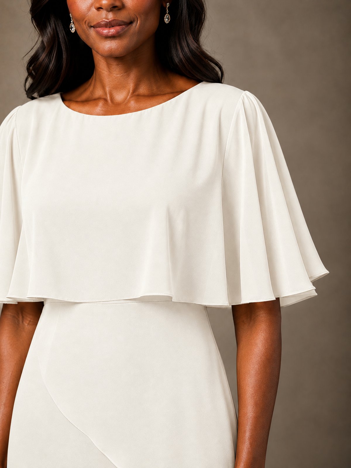 Taupe Chiffon A-Line Mother of the Bride Dress with Cape Sleeves