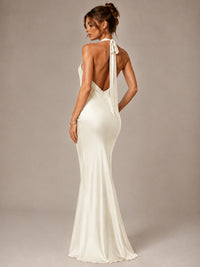 Olive Green Halter Satin Mermaid Maxi Dress