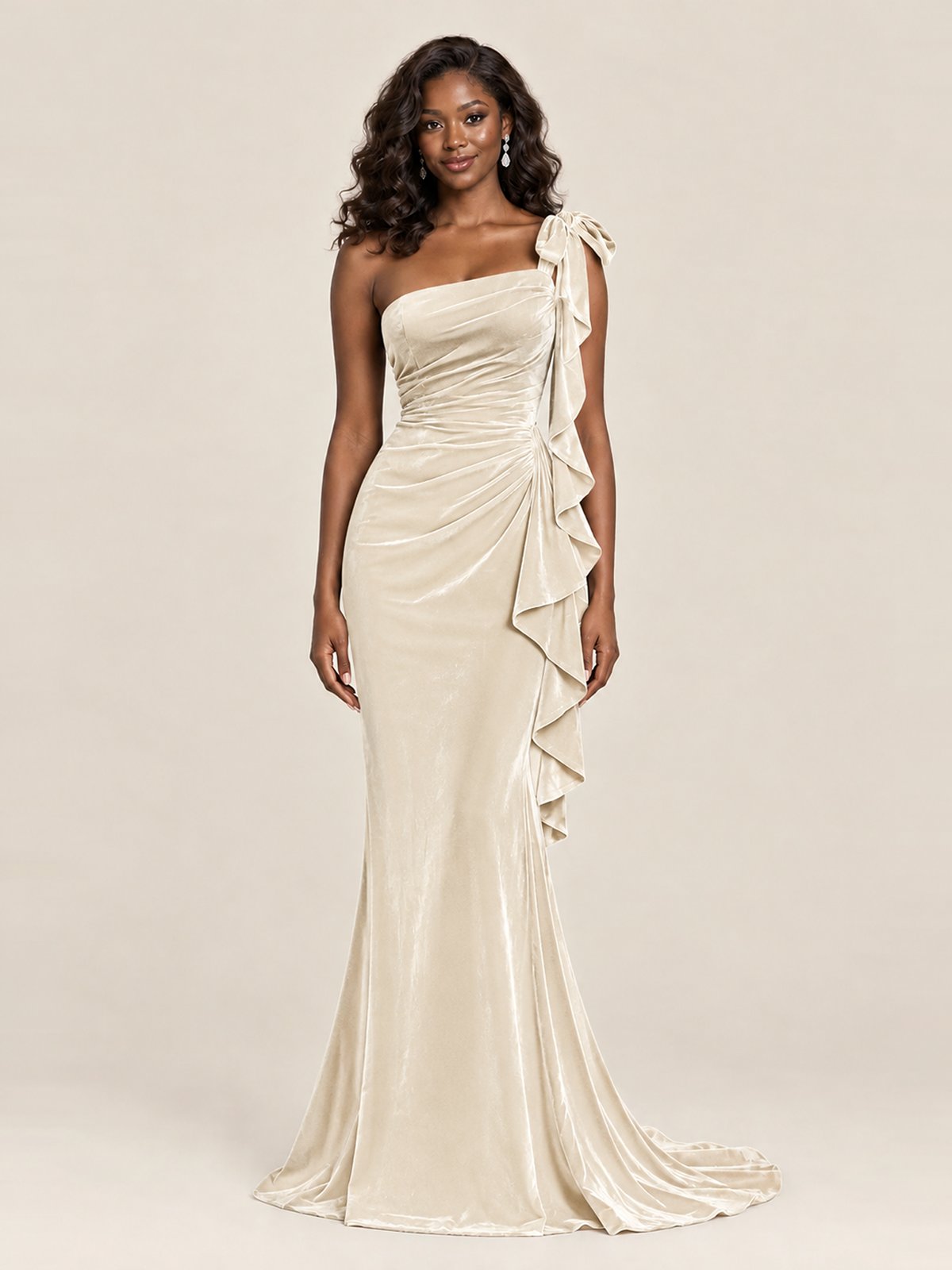 Black Velvet One-Shoulder Mermaid Evening Gown with Bow & Ruffles