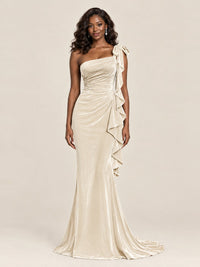 Black Velvet One-Shoulder Mermaid Evening Gown with Bow & Ruffles