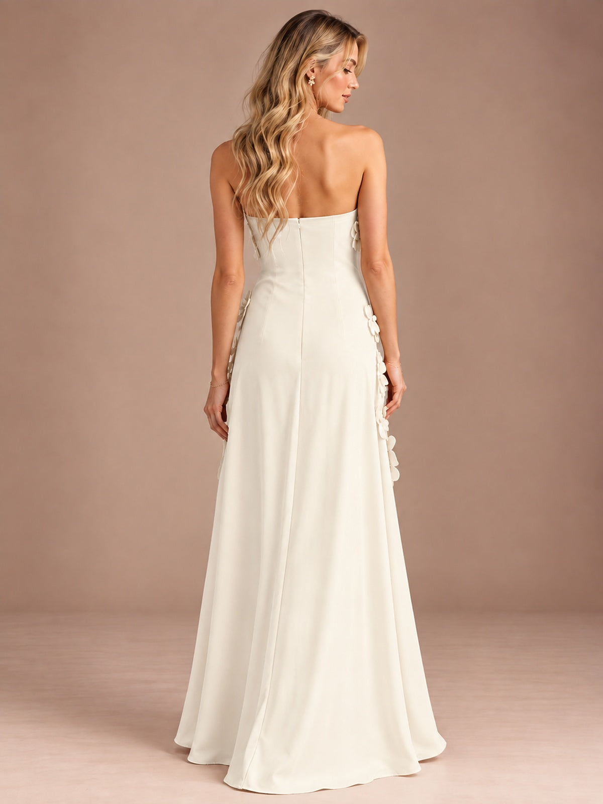 Yellow Strapless A-line Satin Maxi Dress with 3D Floral