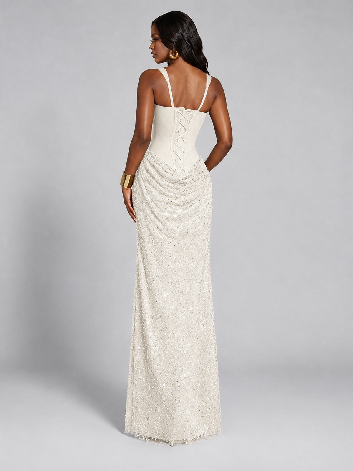 Sequin Corset Mermaid Prom Dress with Square Neck Wide Strap High Slit