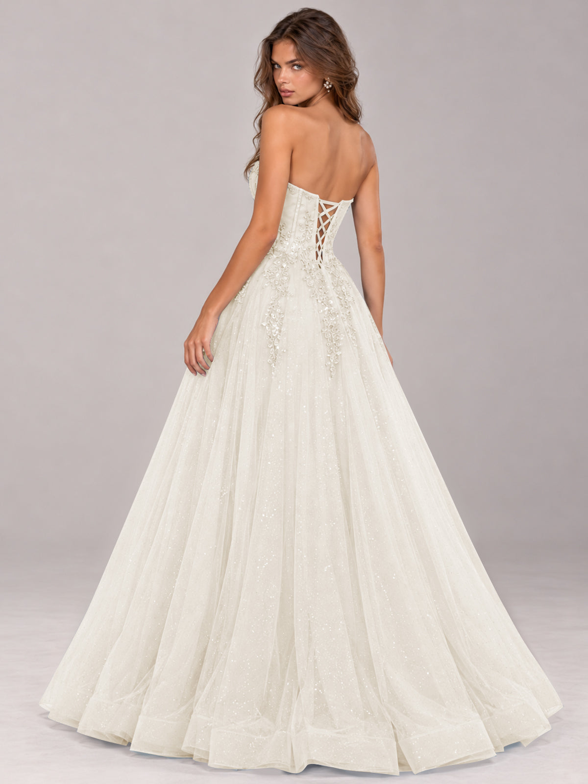 Strapless Sweetheart Beaded Corset Glitter Tulle Ball Gown Prom Dress