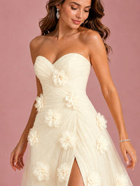 3D Floral Applique Strapless Tulle Prom Dress with High Slit