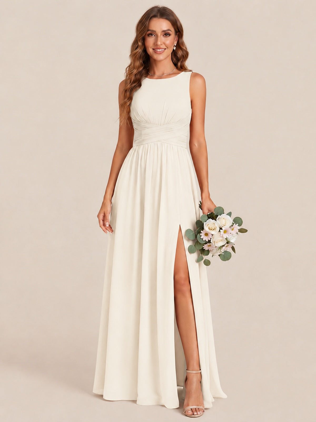 A-line Sleeveless Rucehd Chiffon Bridesmaid Dress with High Slit