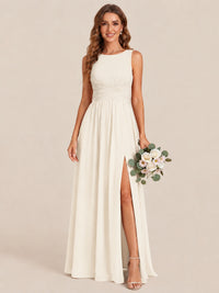 A-line Sleeveless Rucehd Chiffon Bridesmaid Dress with High Slit