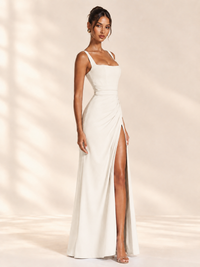 Square Neck Satin Sleeveless Ruched Prom Dress with High Slit