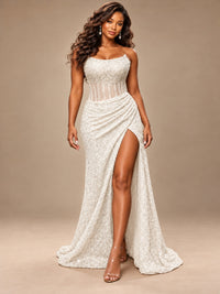 Gold Sequin Strapless Corset Prom Dress with High Slit