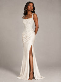 Scoop Neck Sequin Prom Dress with High Slit Satin Formal Gowns