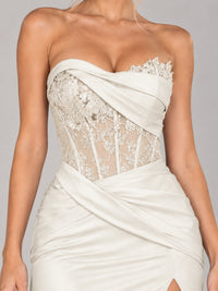 Strapless Satin Prom Dress with Sheer Lace Corset & High Slit