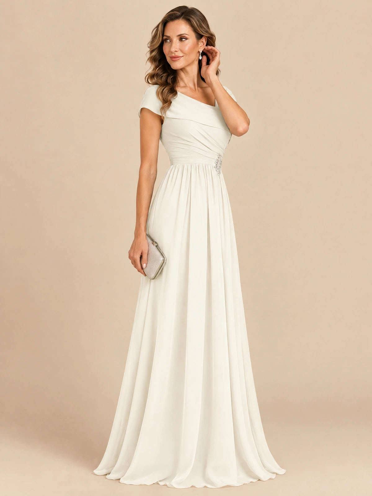 Cap Sleeve Mother of The Bride Dresses Long Chiffon Formal Gowns