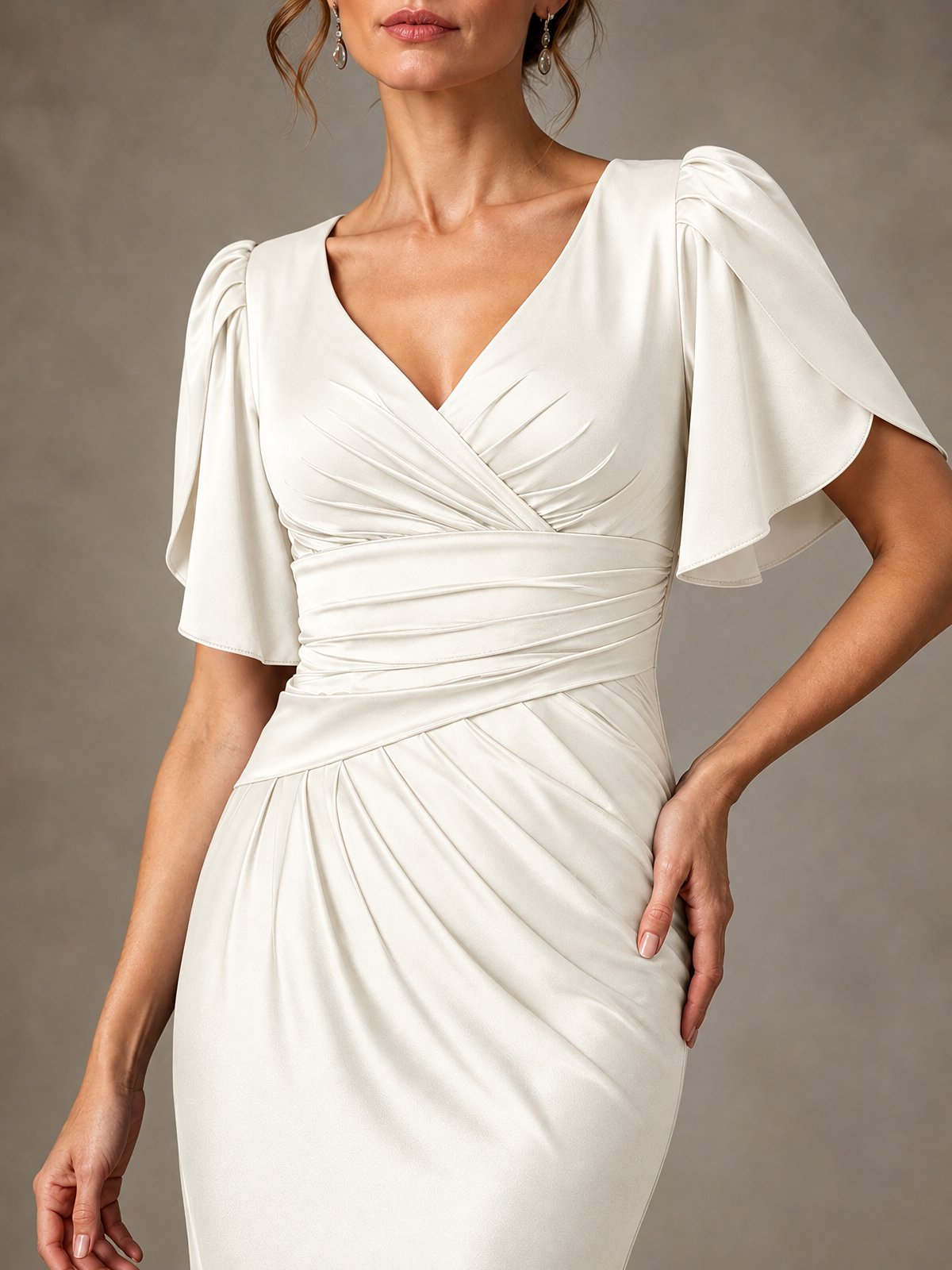 V-Neck Satin Mother of the Bride Dress with Flutter Sleeves