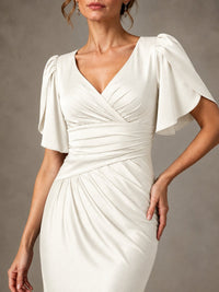 V-Neck Satin Mother of the Bride Dress with Flutter Sleeves