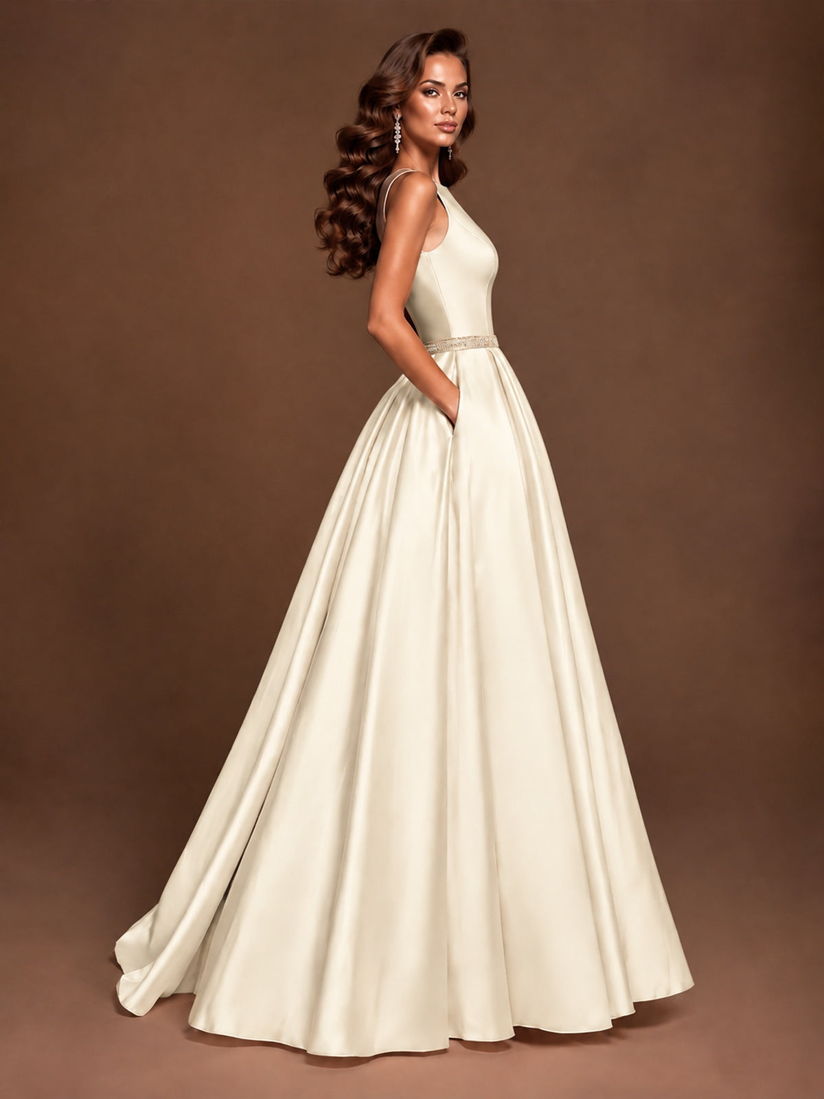 Satin A-Line Prom Dress Sleeveless Beaded Waist Formal Gown with Pockets