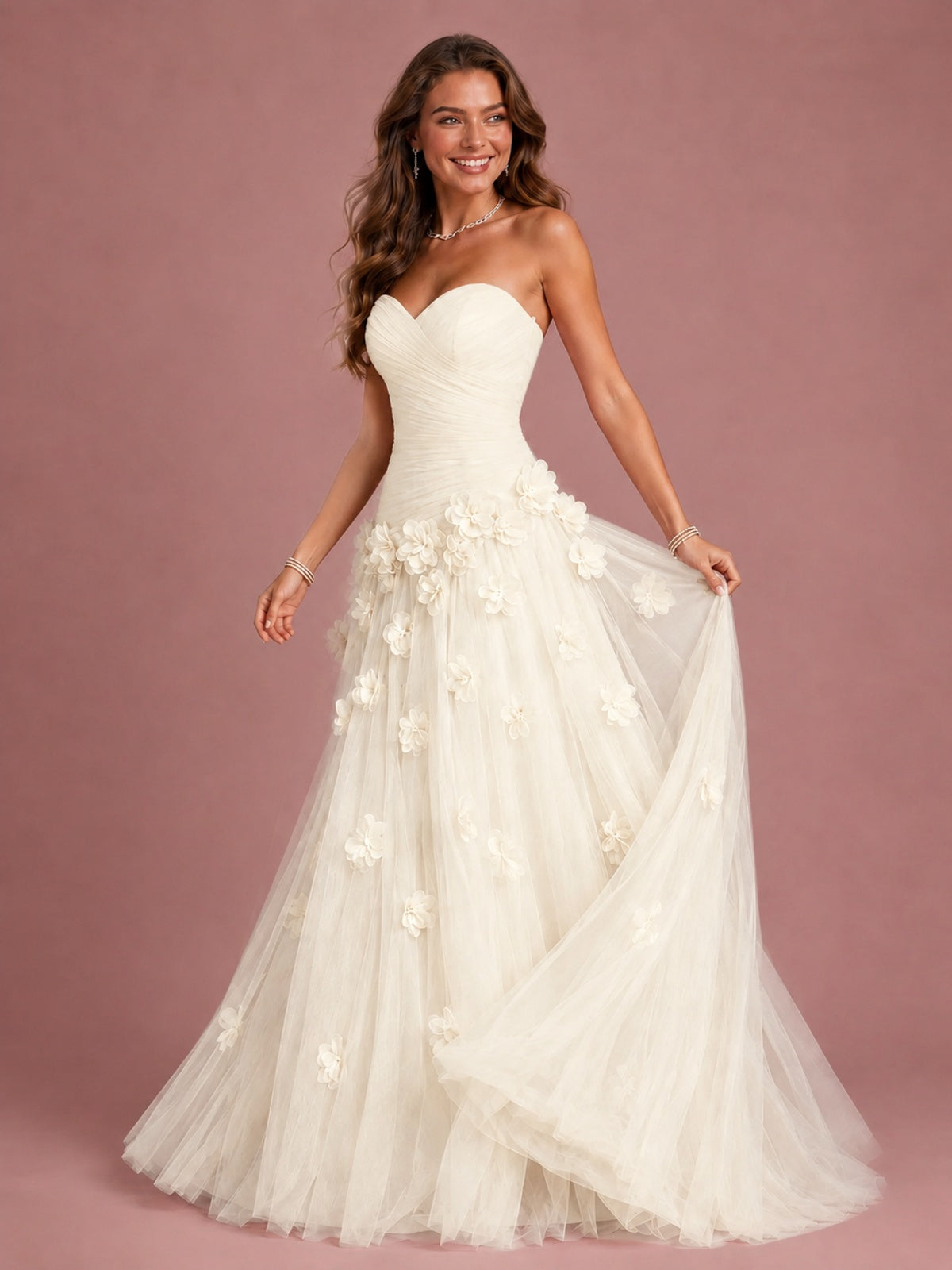 Blush Pink Strapless Sweetheart 3D Floral Tulle Ball Gown Prom Dres