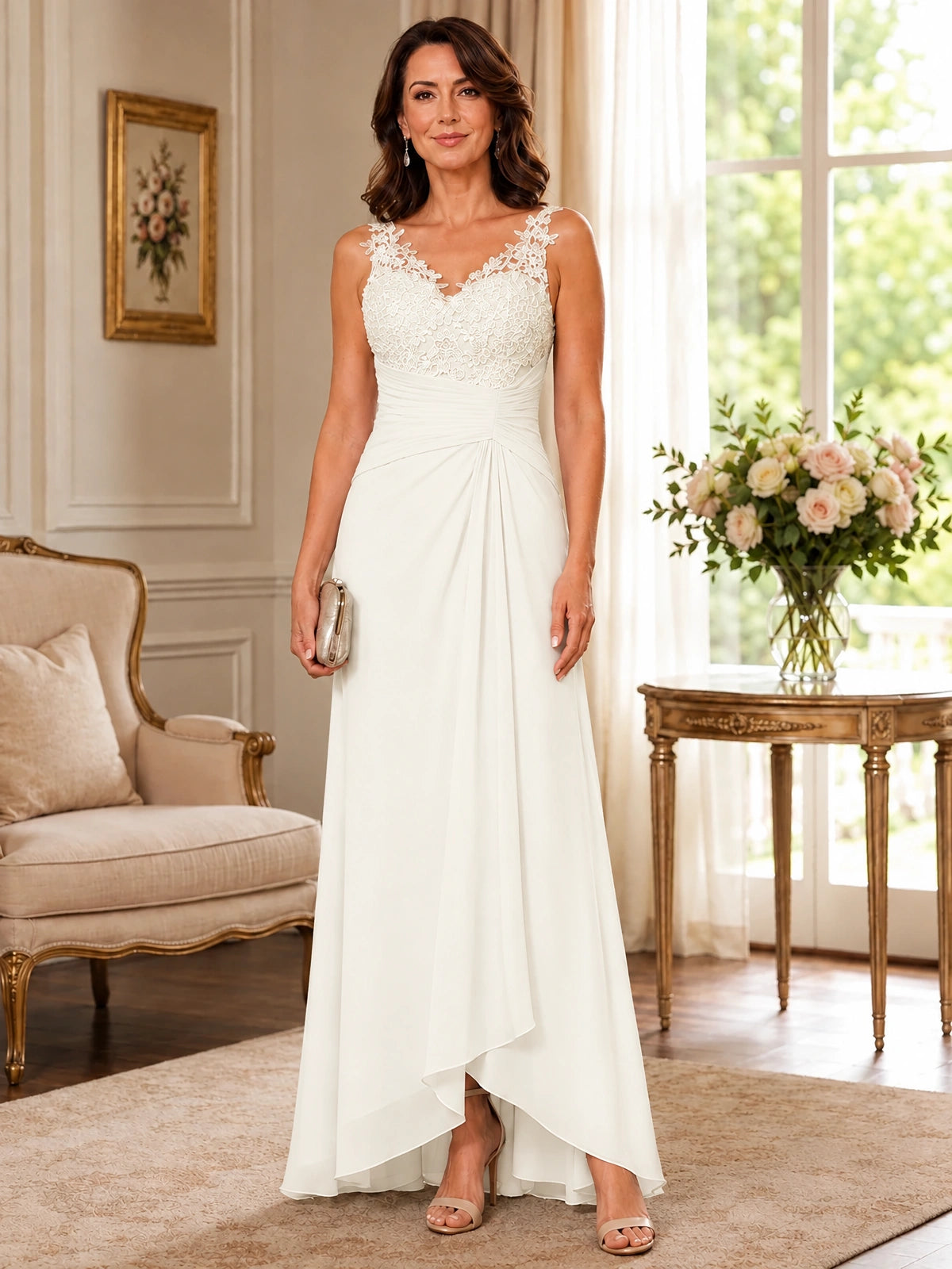 Elegant Chiffon Mother of the Bride Dress with Lace Applique and Cape Sleeves