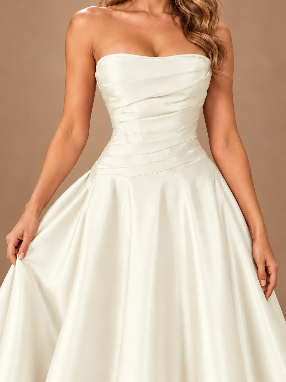 Blush Pink Strapless Satin A-Line Prom Dress with Ruched Bodice