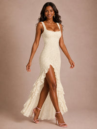 Square-Neck Lace Ruffle High-Low Maxi Dress