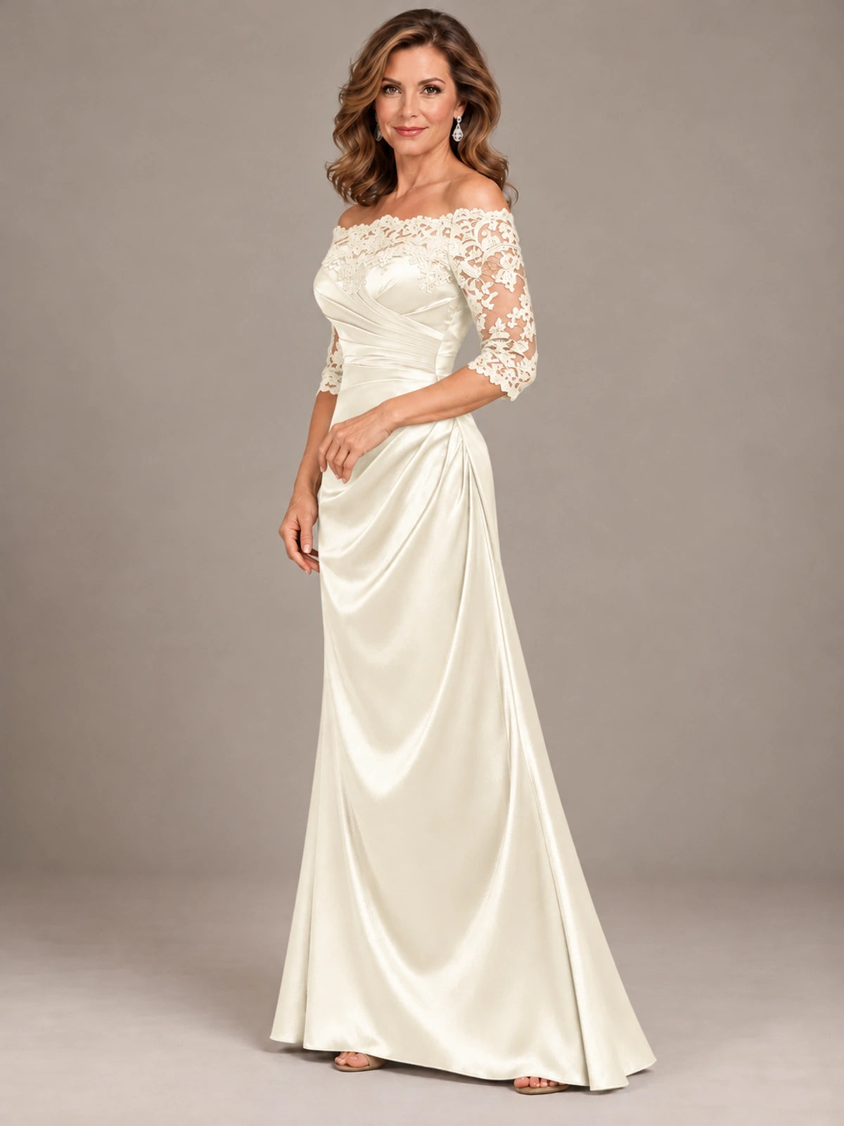 Satin Mother of the Bride Dress with Lace Sleeves Off Shoulder Formal Gown