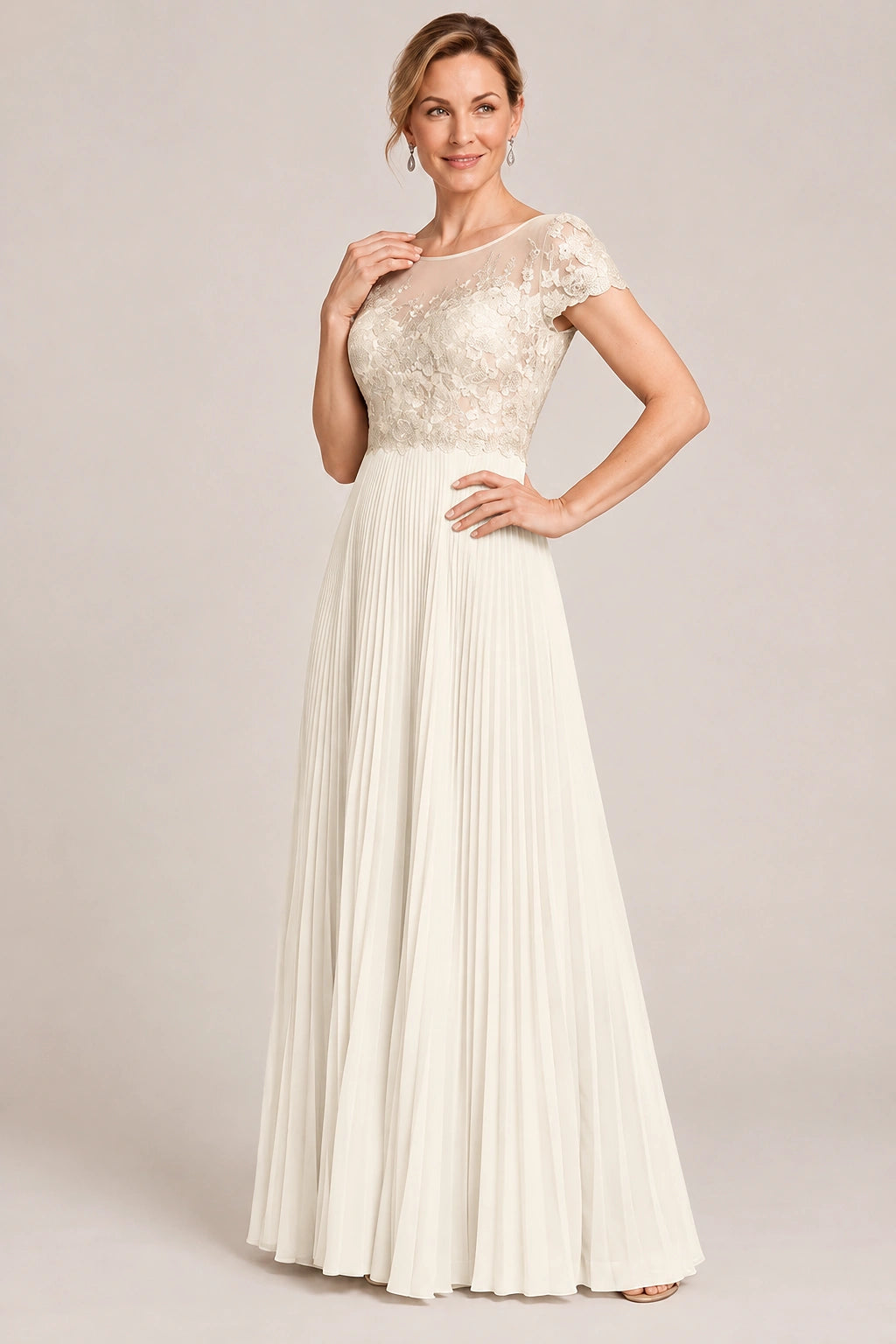 Embroidered Lace Pleated Mother of the Bride Dress