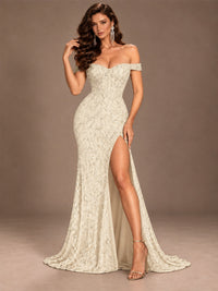 Off the Shoulder Corset Sequin Mermaid Prom Dress with Slit