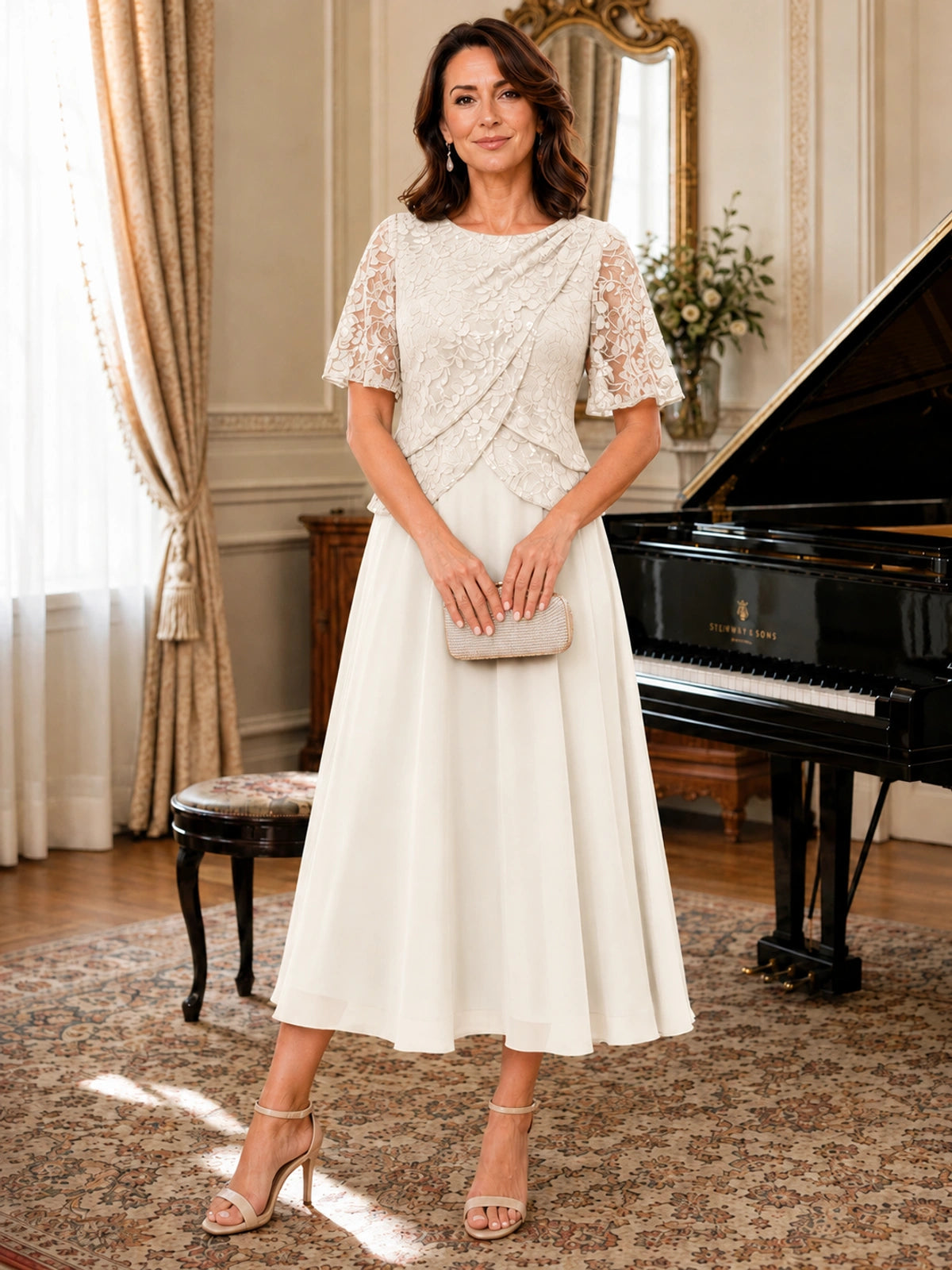 Tea-Length Chiffon Mother of the Bride Dress with Sequin Lace Sleeves