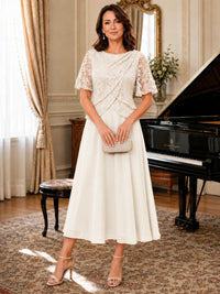 Tea-Length Chiffon Mother of the Bride Dress with Sequin Lace Sleeves