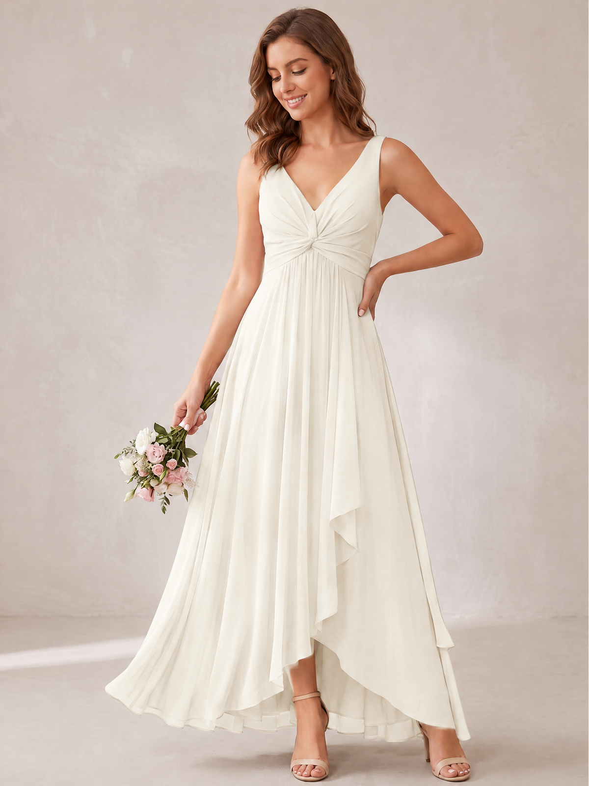 V-Neck High-Low Chiffon Bridesmaid Dress with Ruffles