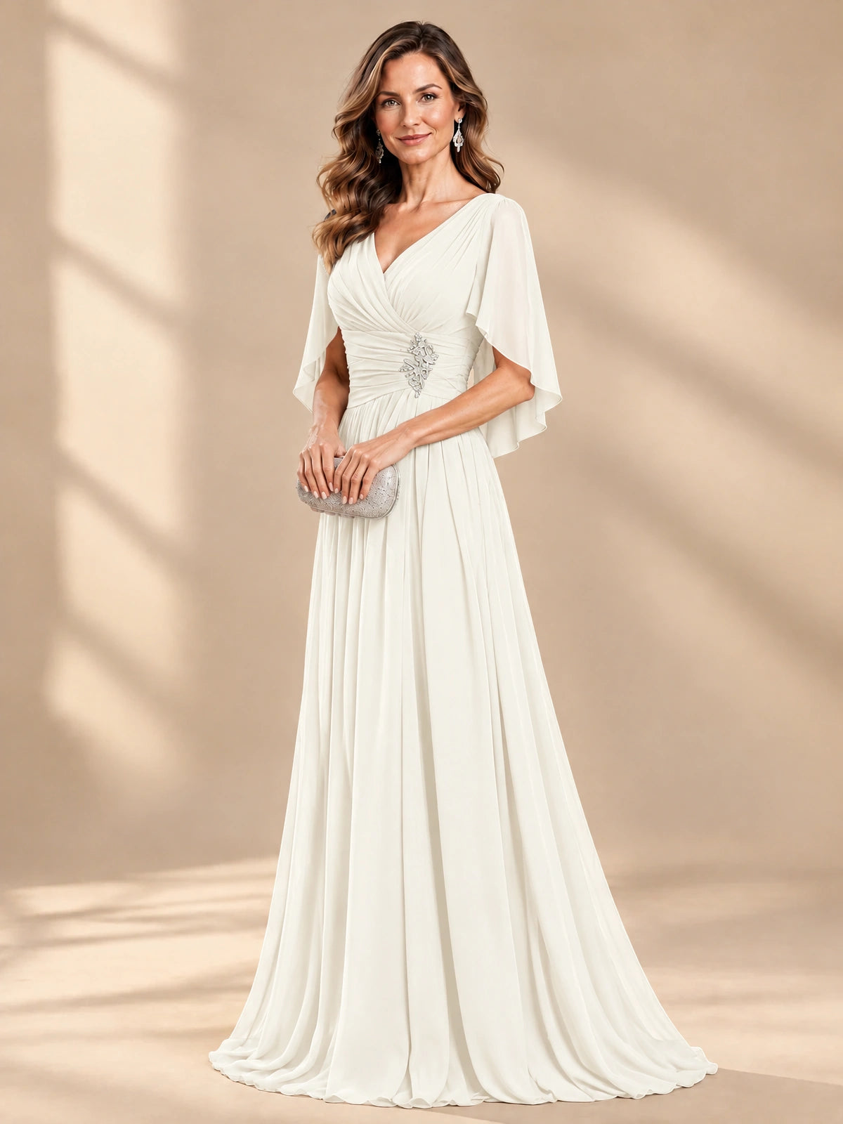 Ruched V Neck Mother of The Bride Dresses with Shawls Appliques and Cap Sleeves