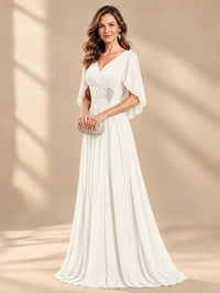 Ruched V Neck Mother of The Bride Dresses with Shawls Appliques and Cap Sleeves