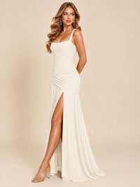 Wrap Pleated Prom Dress Scoop Neck with Slit Women Wedding Formal Dress