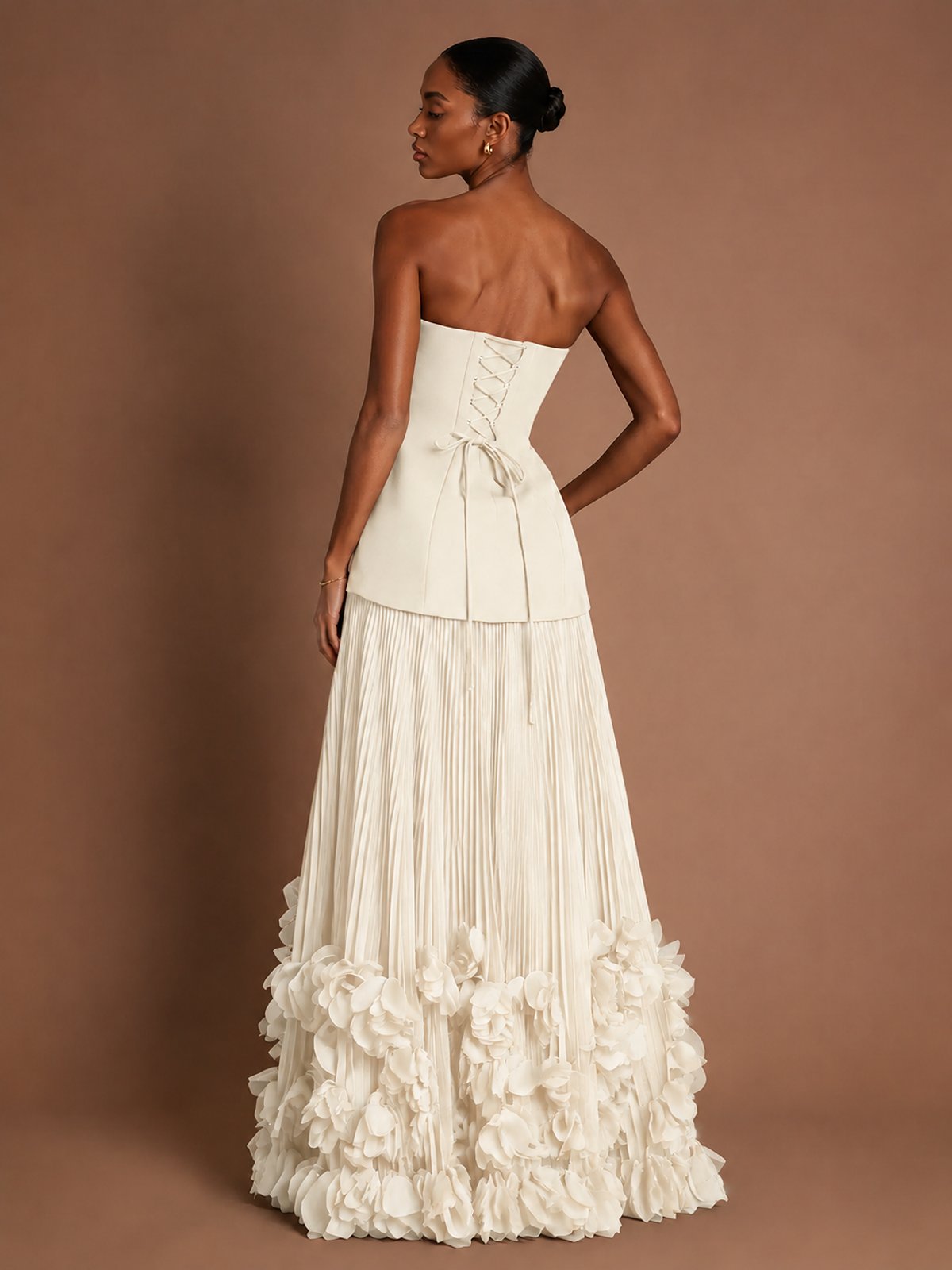 Strapless Pleated Floral Satin Formal Dress with Side Slit